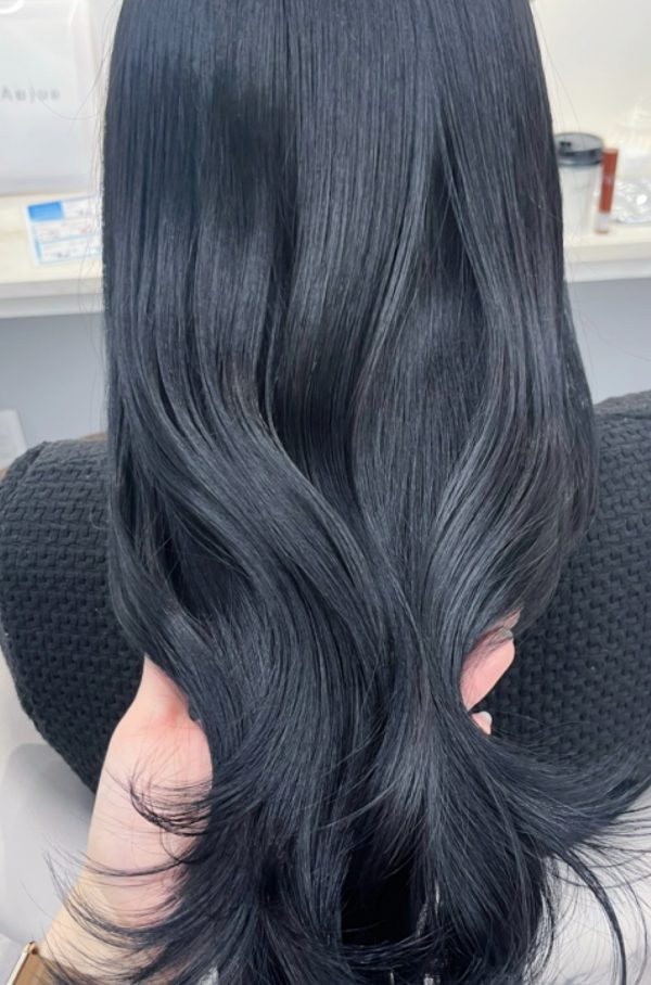 シークレットハイライトのロングヘアを後ろから見たところ。青みのある深いブルーブラックの髪色に、ツヤと透明感が出ている