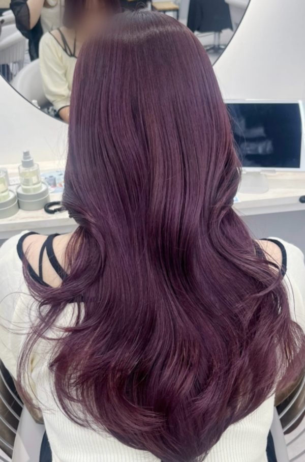 シークレットハイライトのロングヘアを後ろから見たところ。赤みのあるパープルの髪色に、ツヤと透明感が出ている